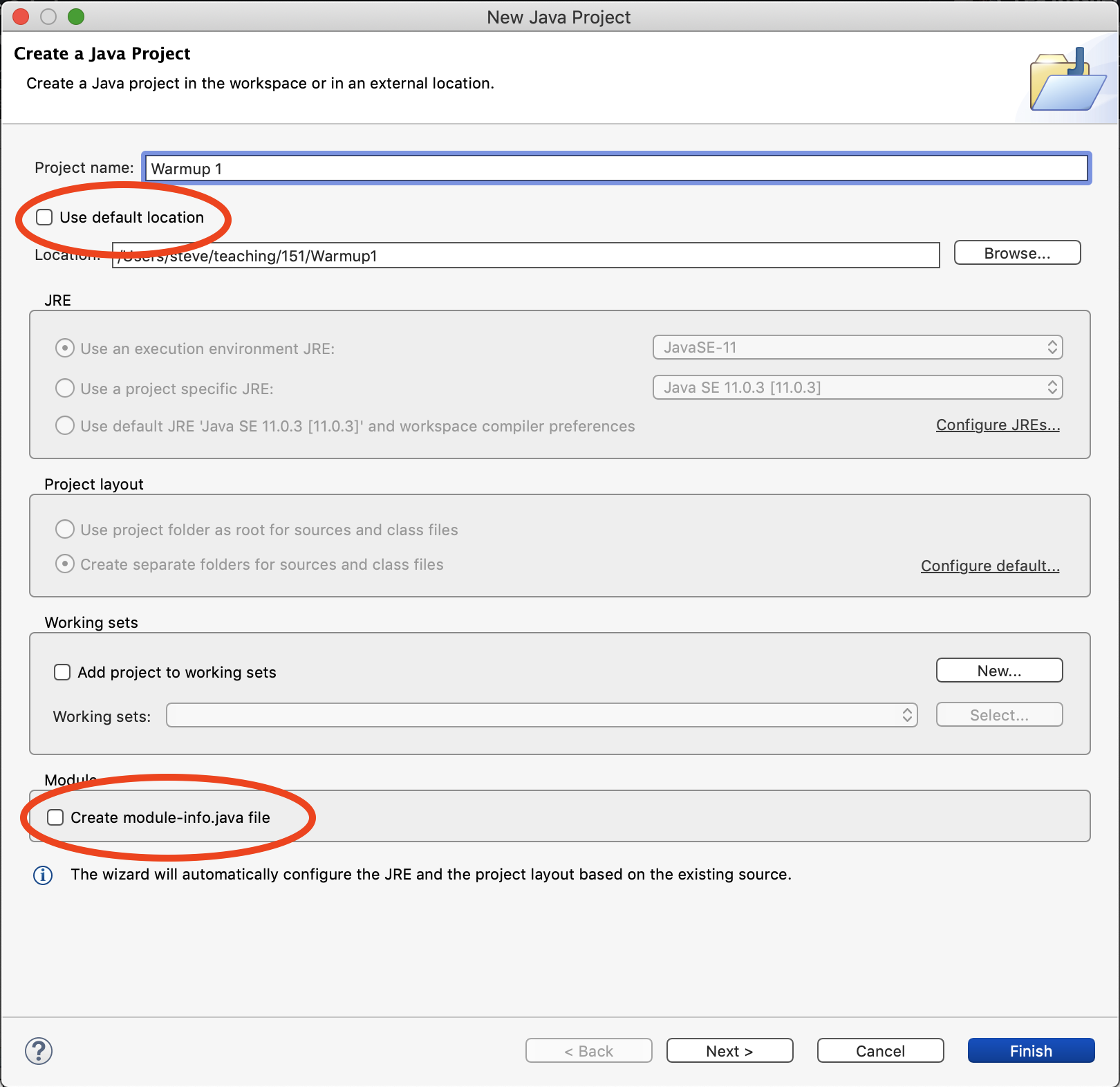 New Java Project dialog
box