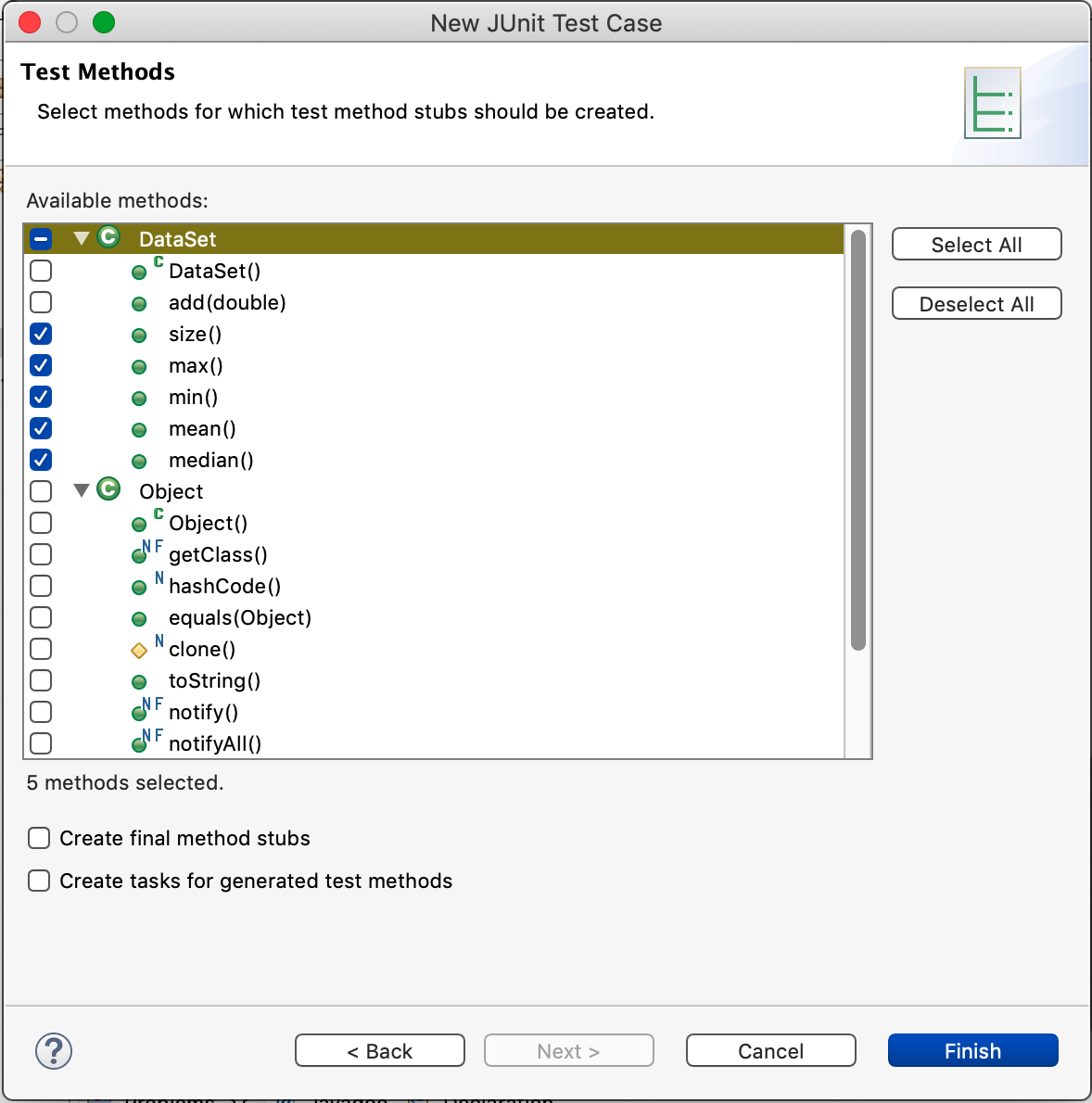 JUnit test method stub generator dialog